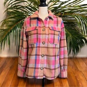 ANTHROPOLOGIE | AVEC LES FILLES Pink Tan Brown Blue Plaid Shacket Jacket – XS
